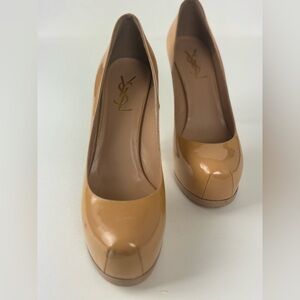 Yves Saint Laurent Beige Patent Leather Tribtoo Platform Pumps Size 36 1/2
